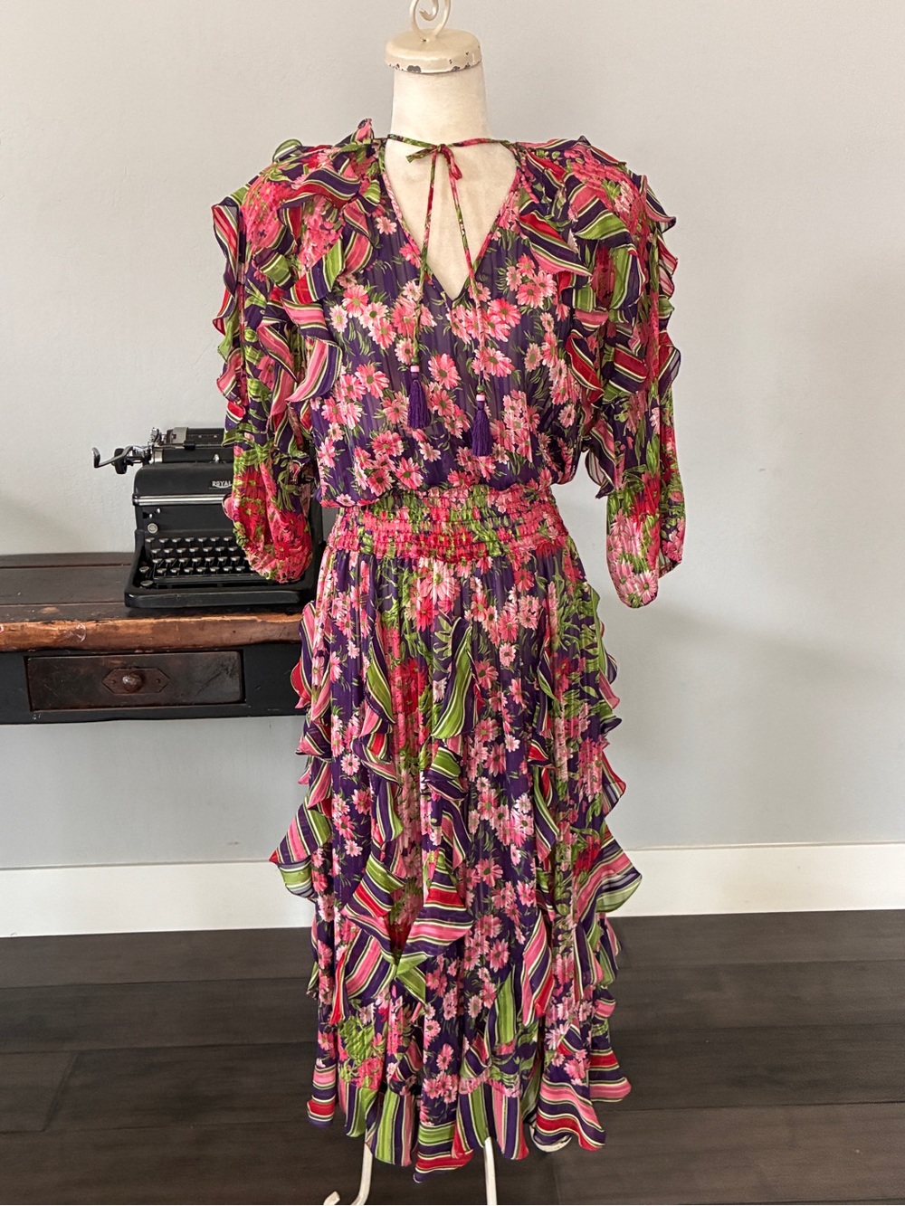 Vintage 1980s Diane Freis Floral Ruffle Tiered Dress - Size Medium